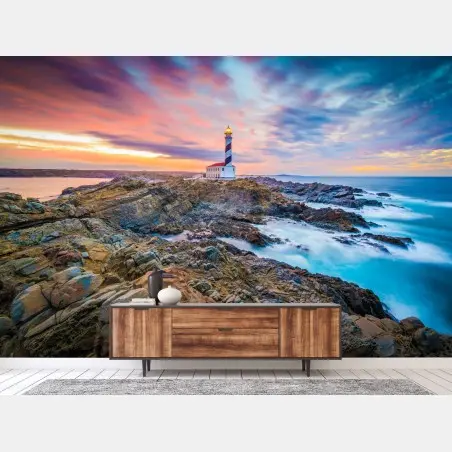 Papier peint phare de Favaritx au coucher de soleil, Minorque – Wallnifity®