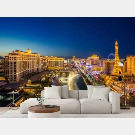 Papier peint ciel nocturne de Las Vegas avec fontaines illuminées – Wallnifity®