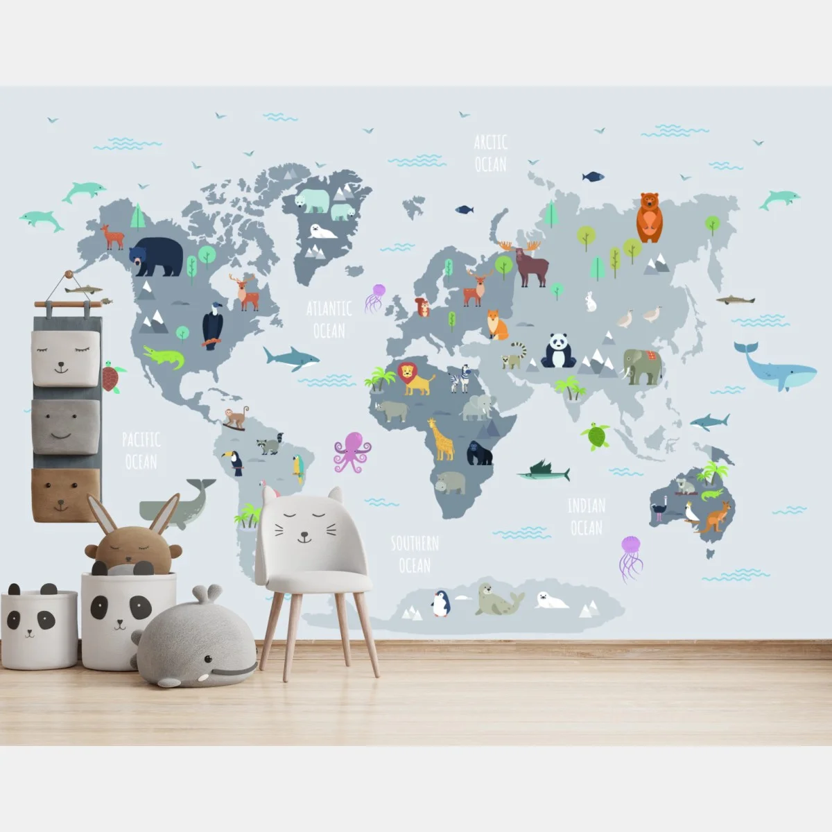 Papier peint carte du monde des animaux illustrée pour enfants – Wallnifity® Papier peint carte du monde des animaux illustrée pour enfants – Wallnifity®