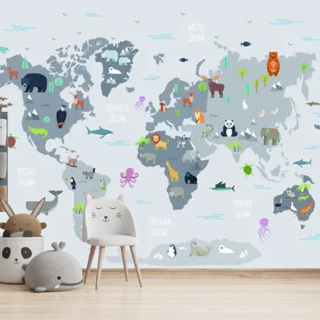 Papier peint carte du monde des animaux illustrée pour enfants – Wallnifity®