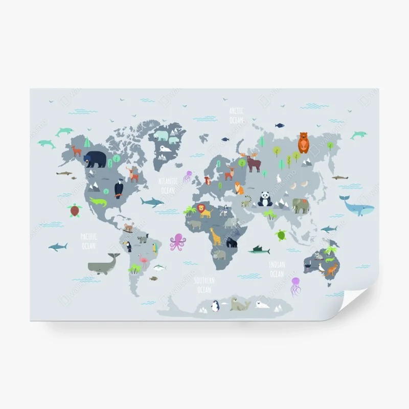Papier peint carte du monde des animaux illustrée pour enfants – Wallnifity® Papier peint carte du monde des animaux illustrée pour enfants – Wallnifity®