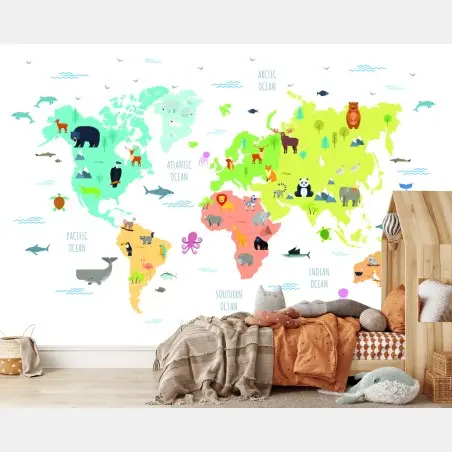 Papier peint carte du monde des animaux illustrée et colorée – Wallnifity®