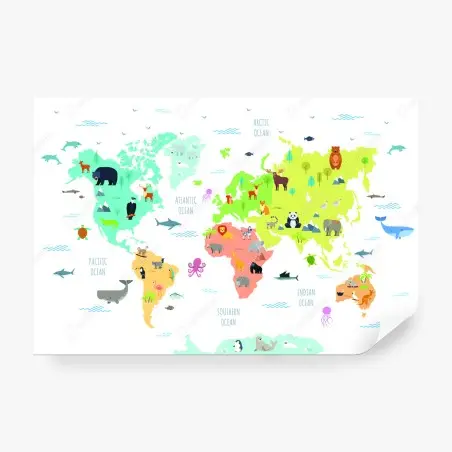 Papier peint carte du monde des animaux illustrée et colorée – Wallnifity®