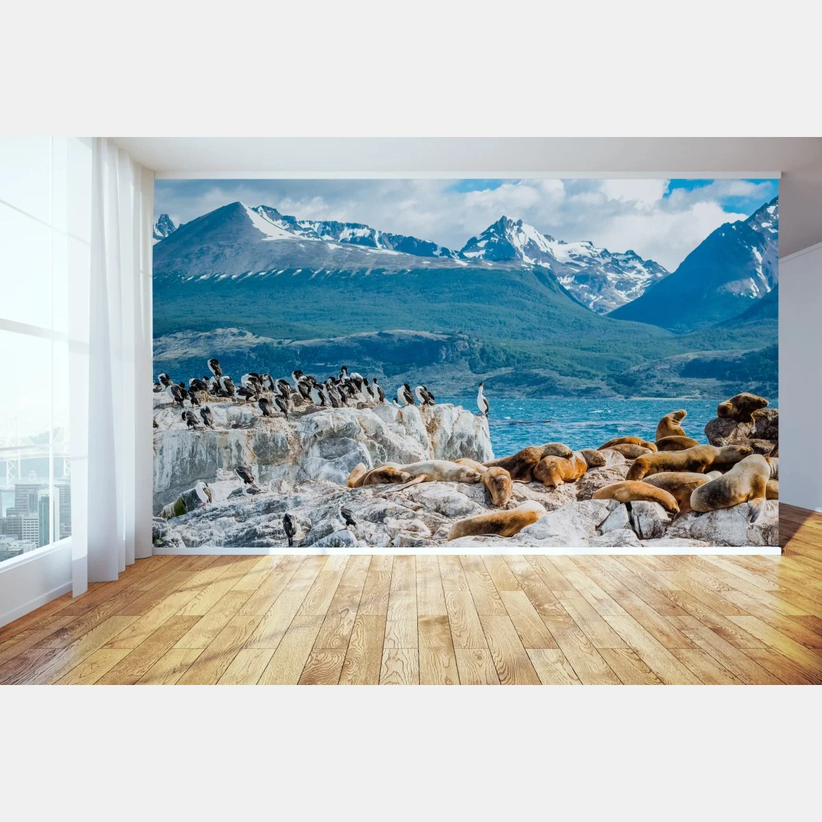 Papier peint colonie d'otaries et d'oiseaux marins au pied des montagnes – Wallnifity® Papier peint colonie d'otaries et d'oiseaux marins au pied des montagnes – Wallnifity®