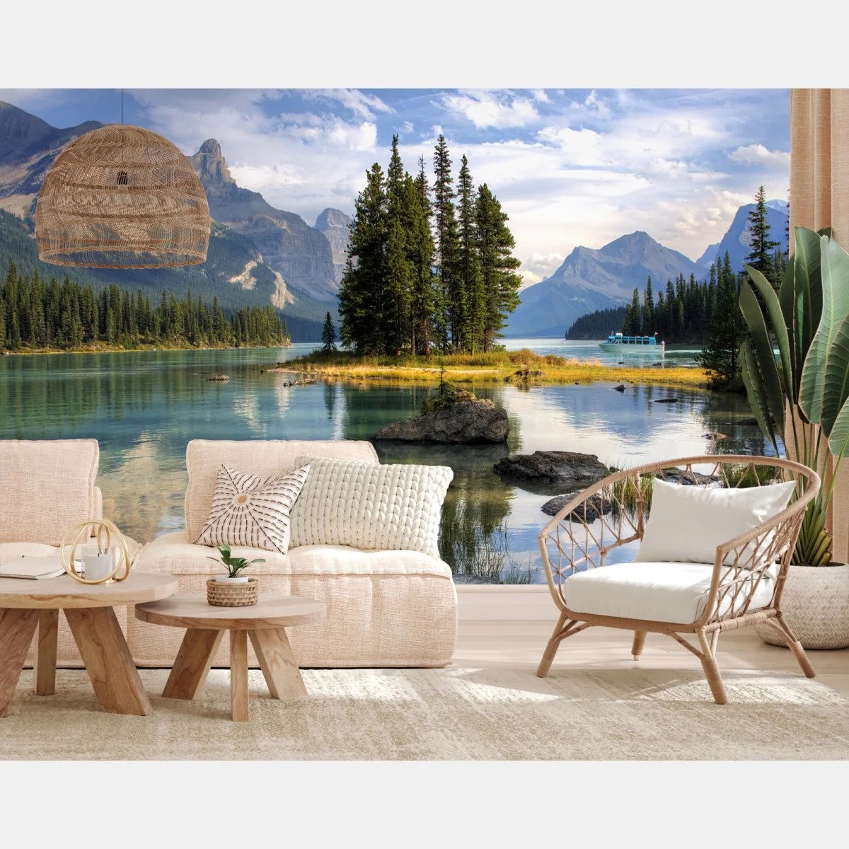 Papier peint île boisée sur lac alpin aux eaux turquoises – Wallnifity® Papier peint île boisée sur lac alpin aux eaux turquoises – Wallnifity®