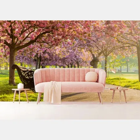 Papier peint promenade sous les cerisiers en fleurs – Wallnifity®