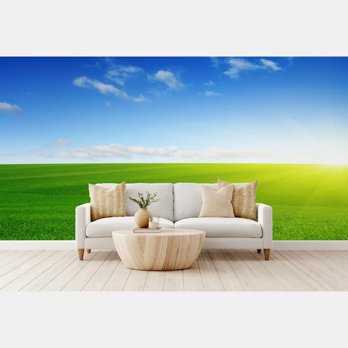 Papier peint horizon ensoleillé sur prairie verdoyante – Wallnifity® Papier peint horizon ensoleillé sur prairie verdoyante – Wallnifity®
