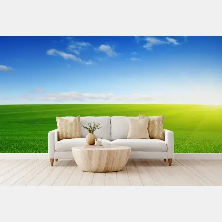 Papier peint horizon ensoleillé sur prairie verdoyante – Wallnifity®