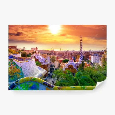 Papier peint vue colorée du Parc Güell à Barcelone au coucher de soleil – Wallnifity®