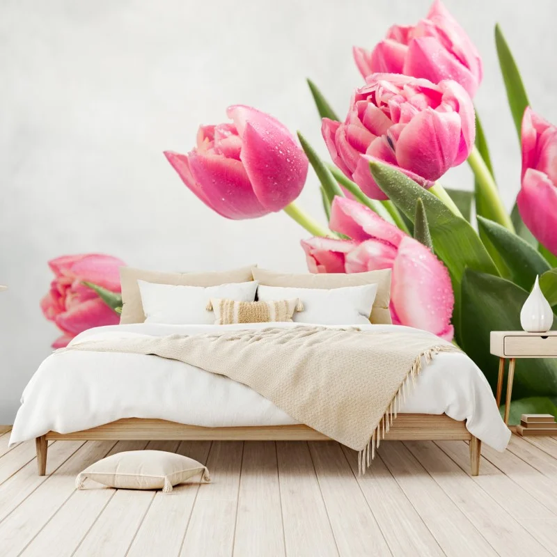 Papier peint bouquet de tulipes roses sur fond clair – Wallnifity®