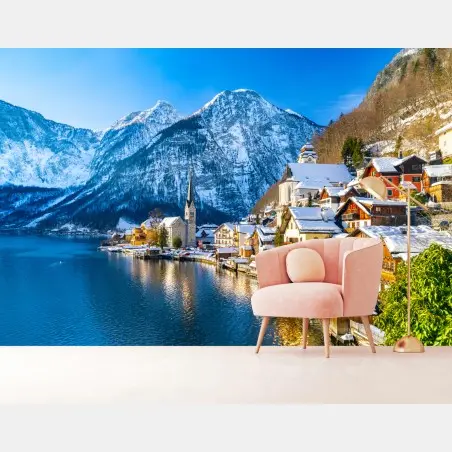 Papier peint village alpin pittoresque au bord du lac à Hallstatt – Wallnifity®