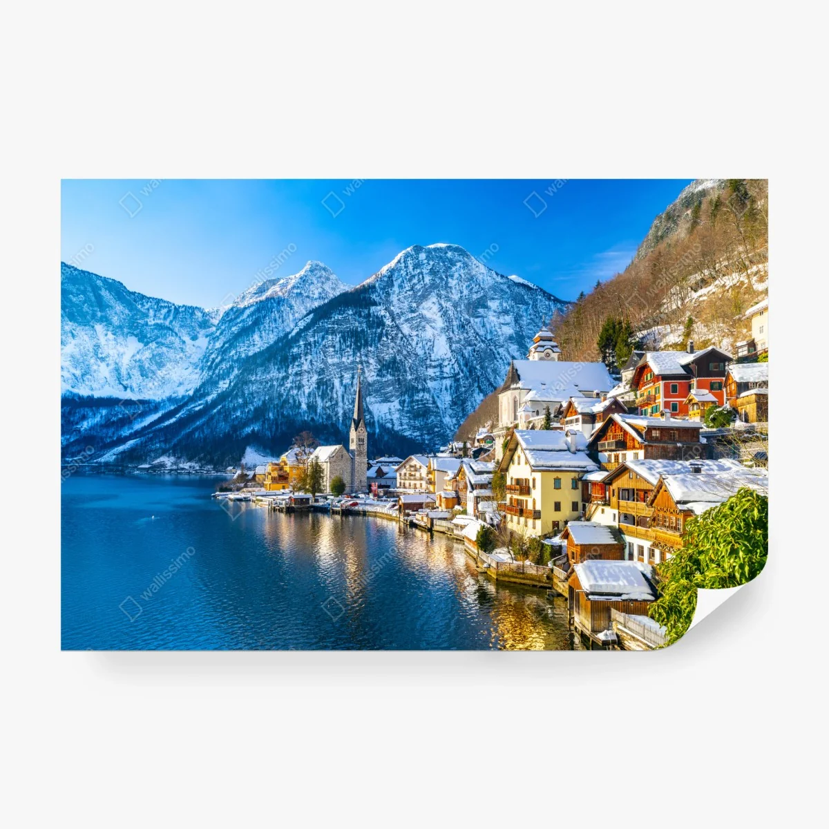 Papier peint village alpin pittoresque au bord du lac à Hallstatt – Wallnifity®