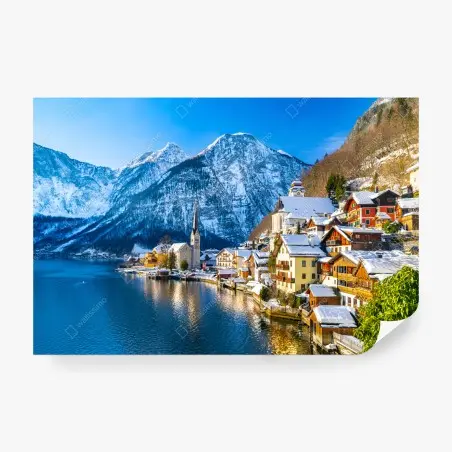 Papier peint village alpin pittoresque au bord du lac à Hallstatt – Wallnifity®