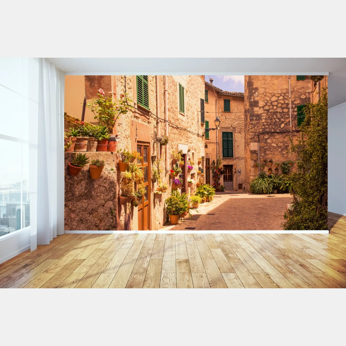 Papier peint ruelle ensoleillée d'un village méditerranéen – Wallnifity® Papier peint ruelle ensoleillée d'un village méditerranéen – Wallnifity®