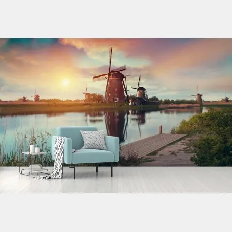 Papier peint moulins au crépuscule et reflet paisible – Wallnifity®