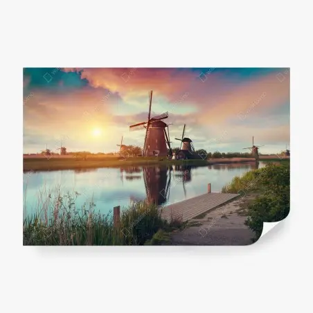 Papier peint moulins au crépuscule et reflet paisible – Wallnifity®