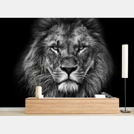 Papier peint regard de lion majestueux en noir et blanc – Wallnifity®
