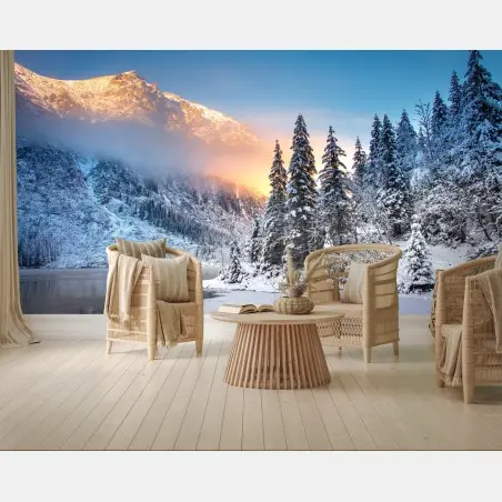 Papier peint lever de soleil sur Morskie Oko dans les Tatras enneigés – Wallnifity®
