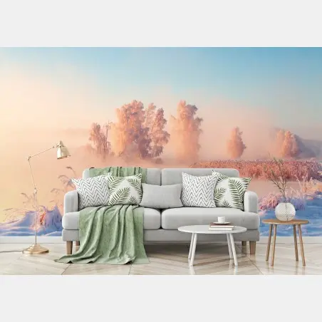 Papier peint brume rose au lever du soleil sur paysage hivernal – Wallnifity®