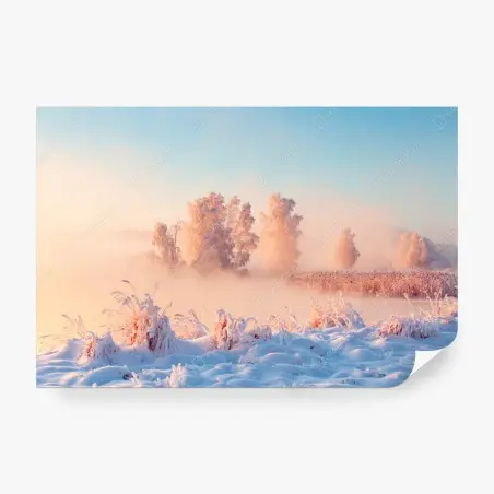 Papier peint brume rose au lever du soleil sur paysage hivernal – Wallnifity®