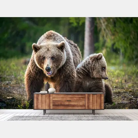 Papier peint ourse et ourson dans la forêt – Wallnifity®