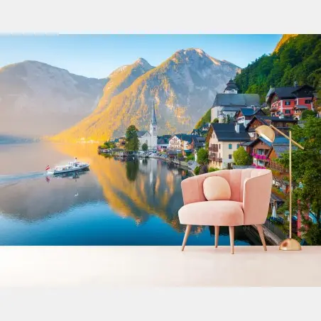 Papier peint Hallstatt village lacustre alpin au lever du soleil – Wallnifity®