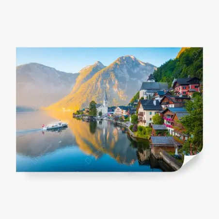 Papier peint Hallstatt village lacustre alpin au lever du soleil – Wallnifity®