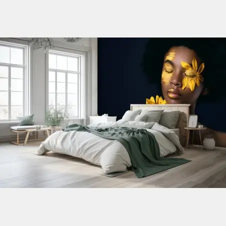 Papier peint visage solaire: portrait floral d'une femme afro – Wallnifity®