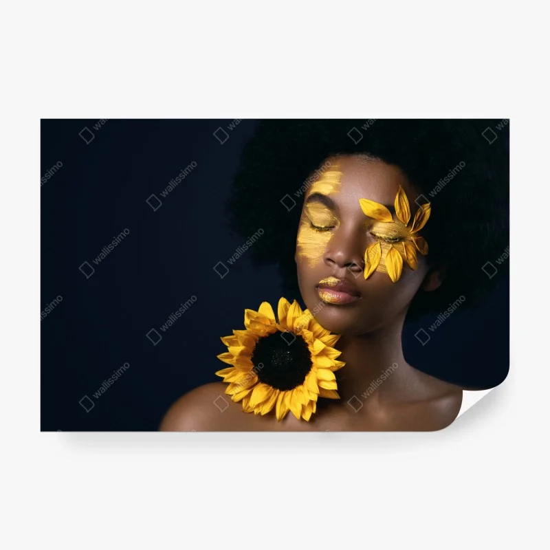 Papier peint visage solaire: portrait floral d'une femme afro – Wallnifity®