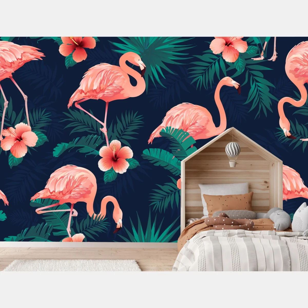 Papier peint flamants roses et fleurs tropicales sur fond bleu – Wallnifity® Papier peint flamants roses et fleurs tropicales sur fond bleu – Wallnifity®