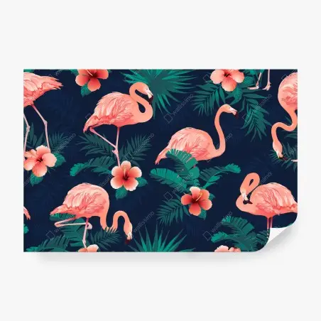 Papier peint flamants roses et fleurs tropicales sur fond bleu – Wallnifity®