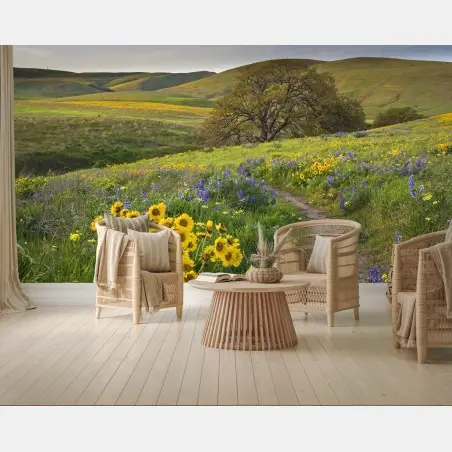 Papier peint sentier fleuri sous les collines dorées – Wallnifity®