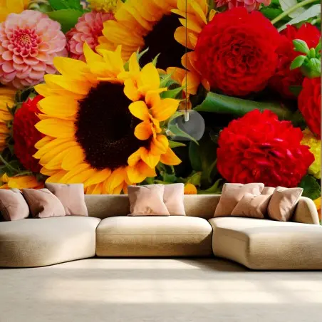 Papier peint bouquet estival de tournesols et dahlias – Wallnifity®