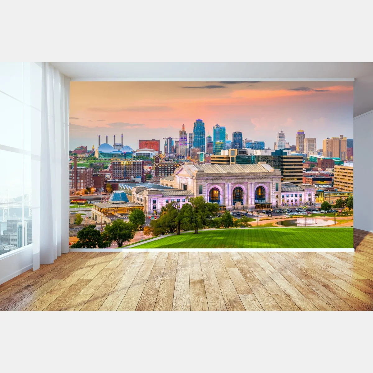 Papier peint coucher de soleil sur Kansas City — Union Station et skyline – Wallnifity® Papier peint coucher de soleil sur Kansas City — Union Station et skyline – Wallnifity®