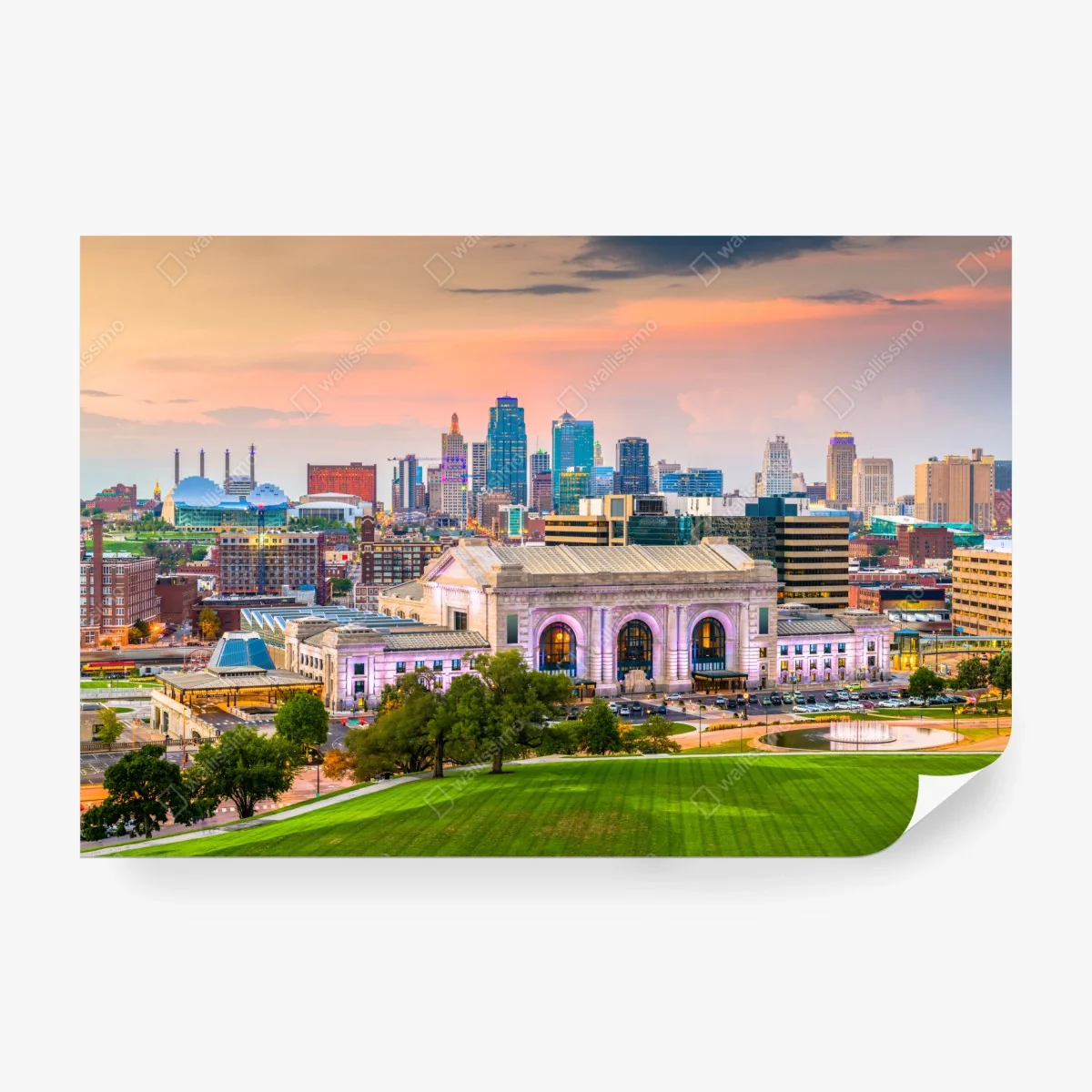 Papier peint coucher de soleil sur Kansas City — Union Station et skyline – Wallnifity® Papier peint coucher de soleil sur Kansas City — Union Station et skyline – Wallnifity®