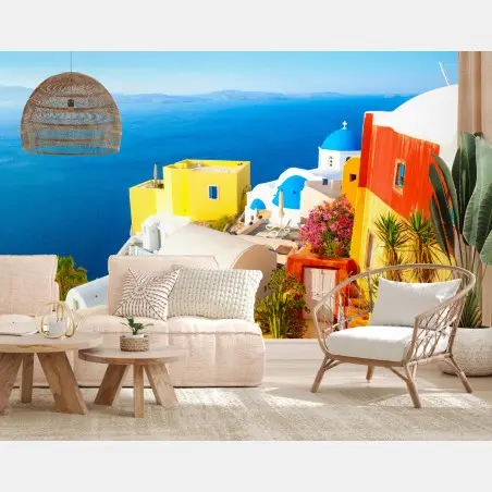 Papier peint vue colorée de Santorin sur la Mer Égée – Wallnifity®