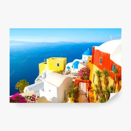 Papier peint vue colorée de Santorin sur la Mer Égée – Wallnifity®