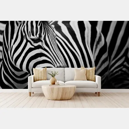Papier peint élégance rayée : portrait de zèbre en noir et blanc – Wallnifity®