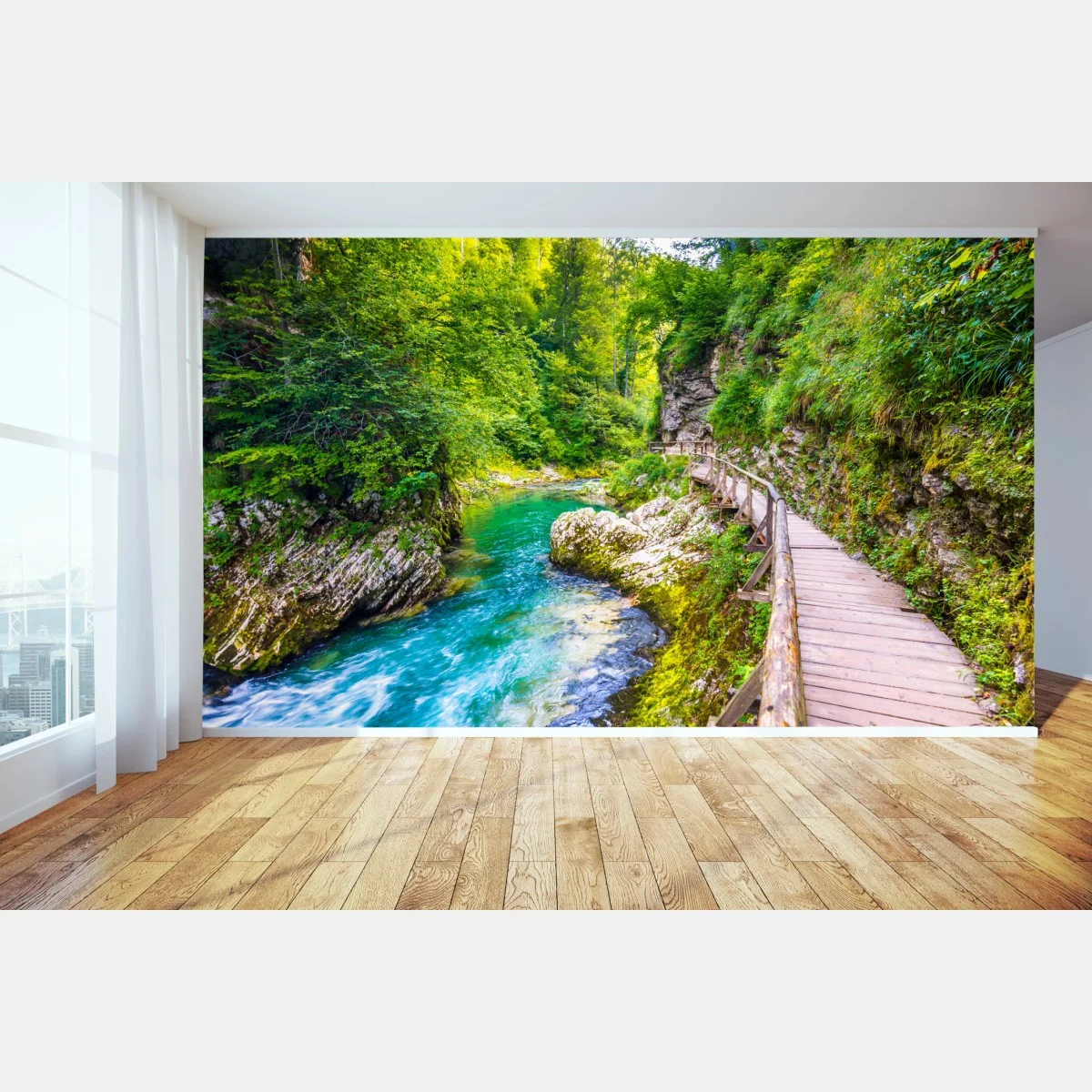Papier peint sentier boisé le long d'une rivière émeraude – Wallnifity® Papier peint sentier boisé le long d'une rivière émeraude – Wallnifity®