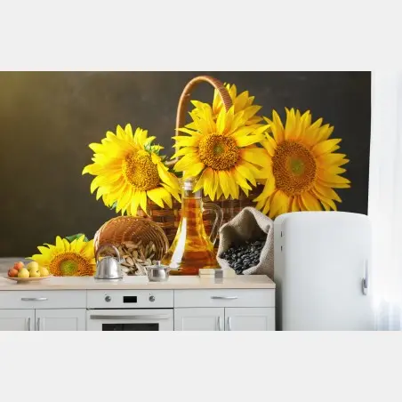 Papier peint bouquet de tournesols, graines et huile sur table rustique – Wallnifity®