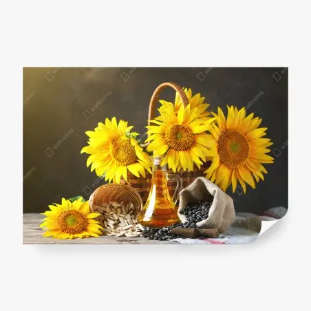 Papier peint bouquet de tournesols, graines et huile sur table rustique – Wallnifity®