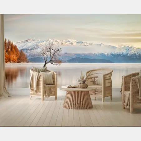 Papier peint arbre solitaire sur le lac Wanaka en hiver – Wallnifity®