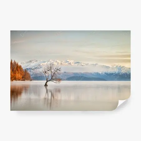 Papier peint arbre solitaire sur le lac Wanaka en hiver – Wallnifity®