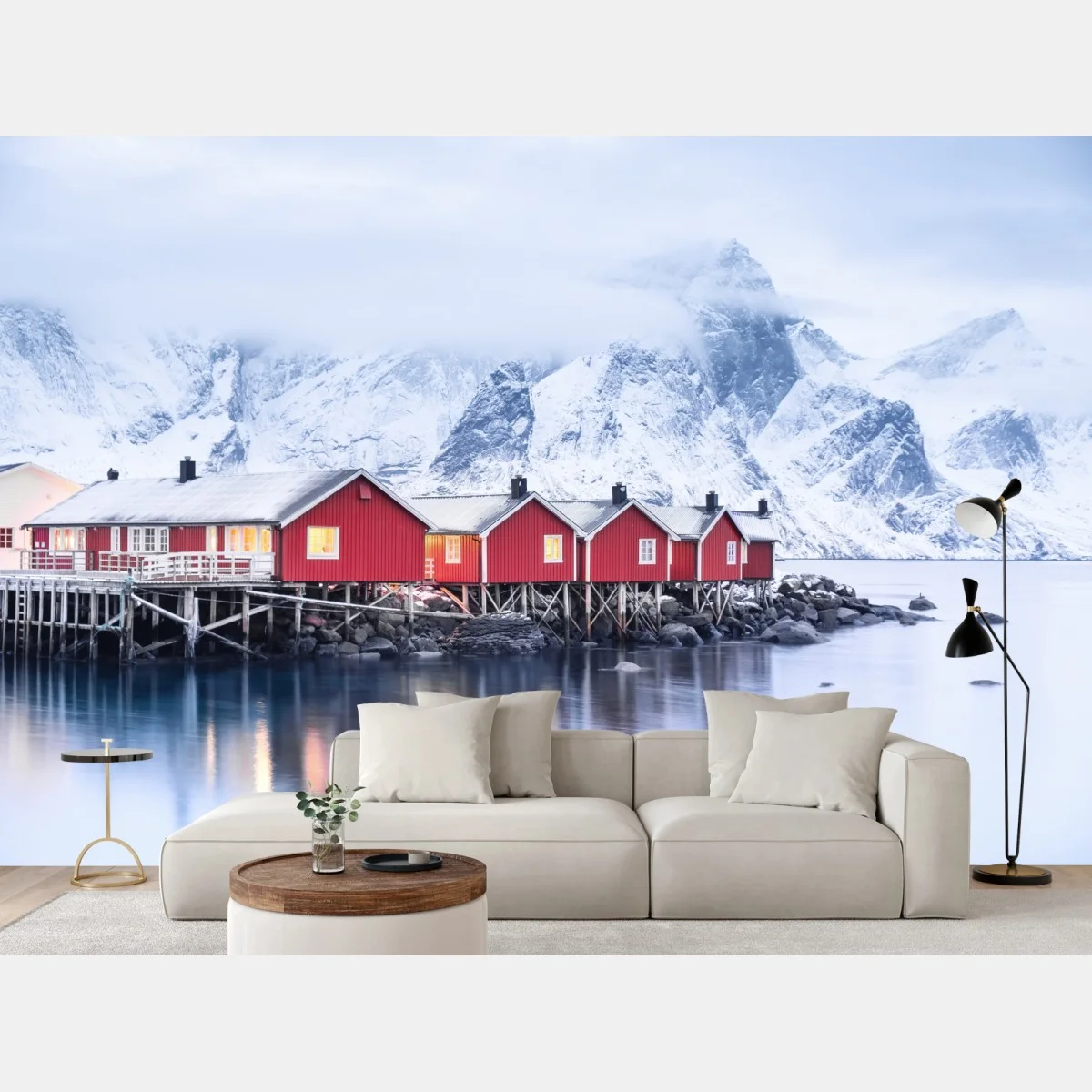 Papier peint maisons rouges sur le fjord des îles Lofoten – Wallnifity® Papier peint maisons rouges sur le fjord des îles Lofoten – Wallnifity®