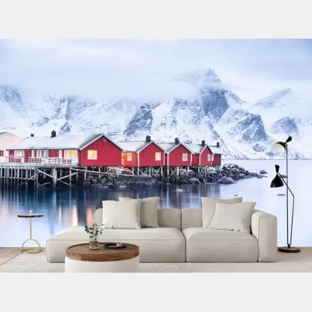 Papier peint maisons rouges sur le fjord des îles Lofoten – Wallnifity®