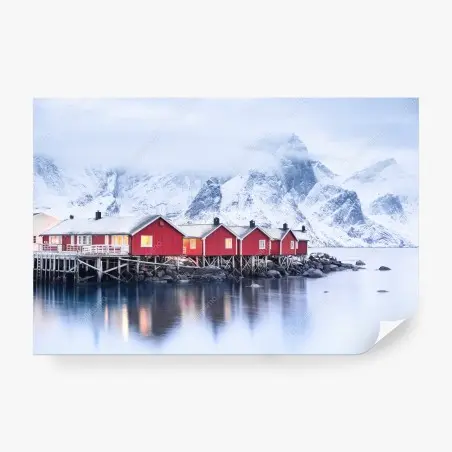 Papier peint maisons rouges sur le fjord des îles Lofoten – Wallnifity®