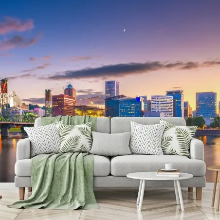 Papier peint reflets dorés de Portland au crépuscule – Wallnifity®