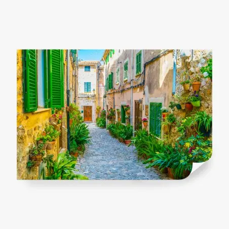 Papier peint ruelle méditerranéenne fleurie aux volets verts – Wallnifity®