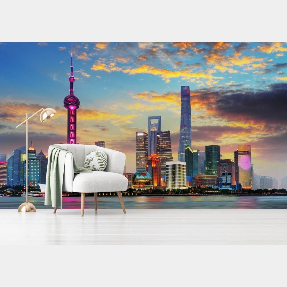 Papier peint panorama lumineux de Shanghai au crépuscule – Wallnifity®