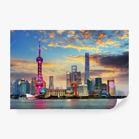 Papier peint panorama lumineux de Shanghai au crépuscule – Wallnifity®
